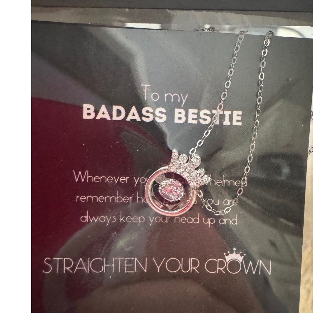 Badass Bestie Crown Dancing Stone Necklace Silver Tone Friendship Gift Pendant - Picture 2 of 4